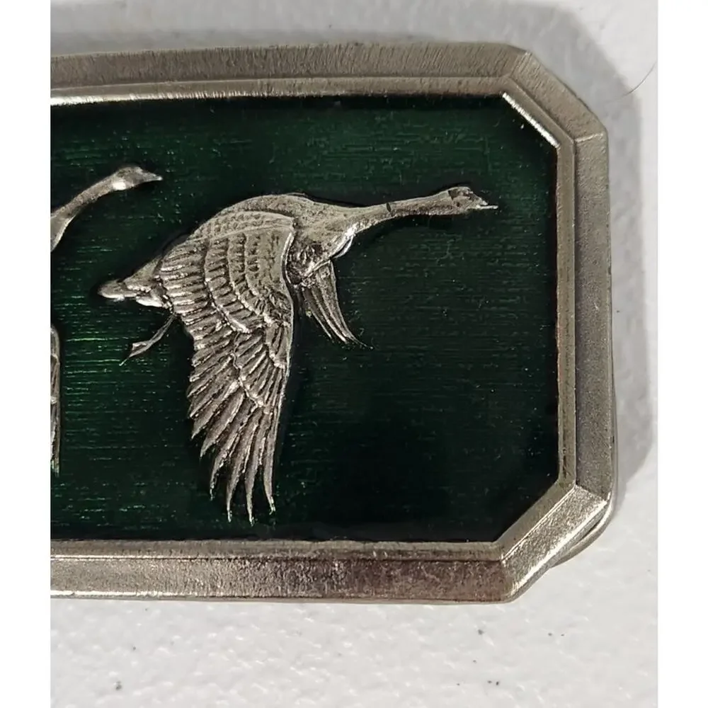 Vintage Great American Buckle Co. Flying Geese Belt Buckle 1976 Green Hunting